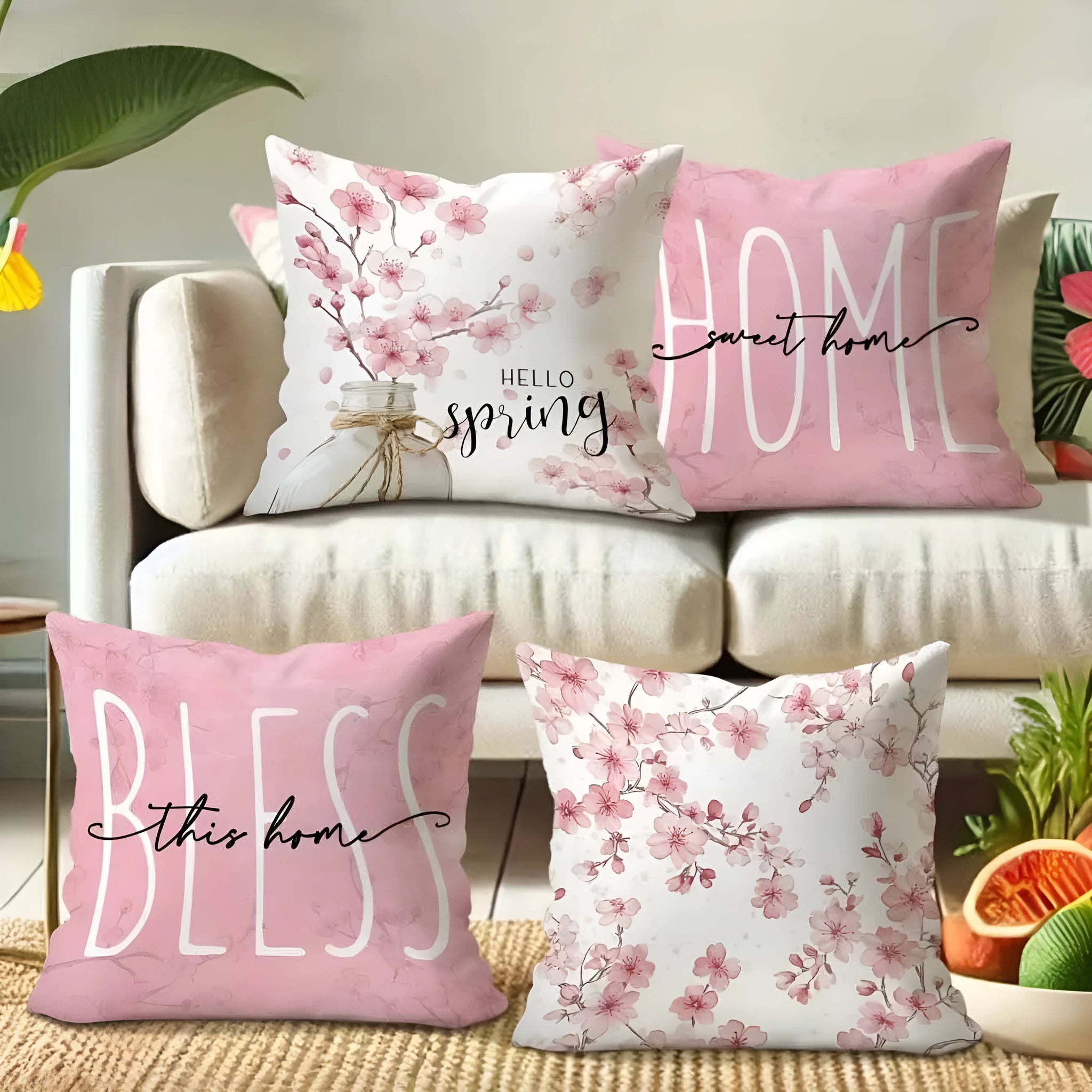 Square short velvet cushion cover with cherry blossom and letter print in four colour options
