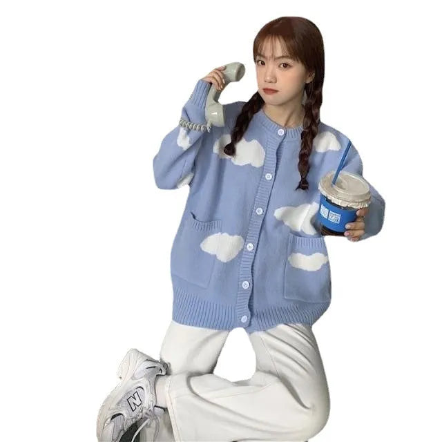 Blue cloud pattern women's spandex cardigan sweater with long sleeves