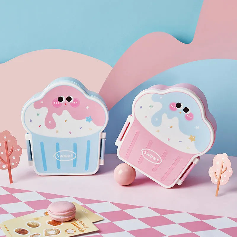 Creative cartoon-style ice cream shaped plastic lunch box with spoon and fork set in pink or blue.