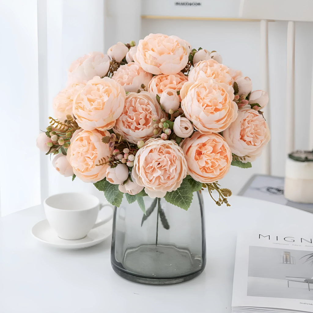 Silk artificial peony flower bouquet in five colour options including champagne, pink, purple, sand red and white