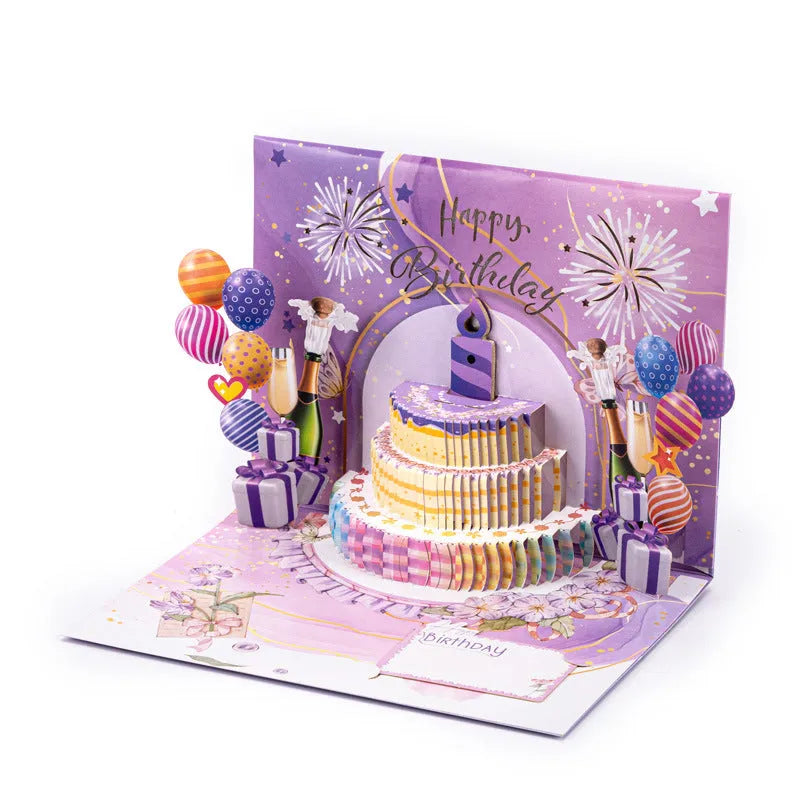 3D folded paper cake greeting card in Chinese ink style with light music theme.