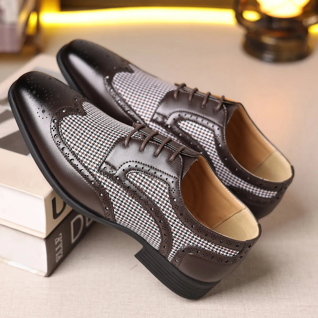 Men's casual plaid shoes with a square toe and lace-up front, in multiple colours.
