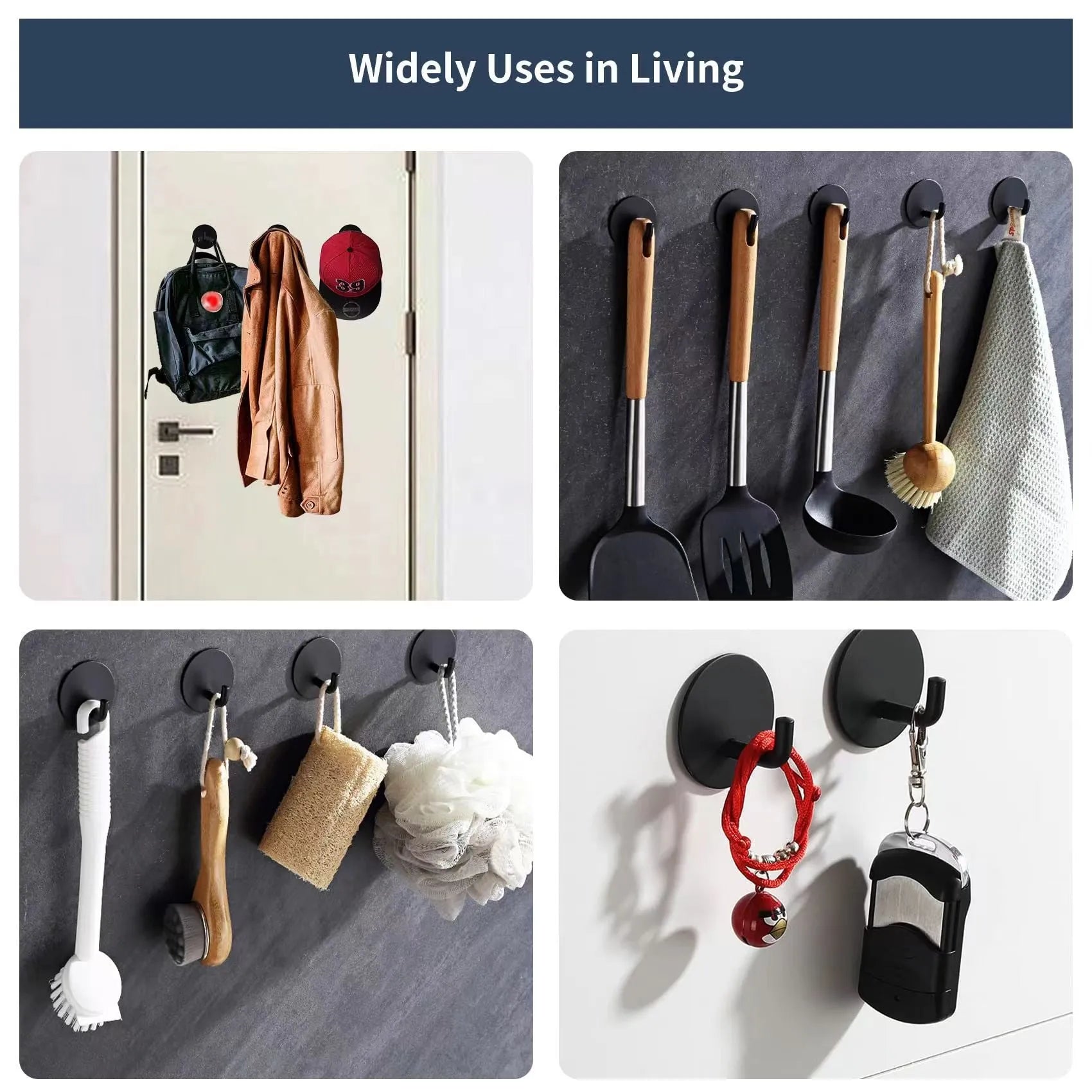 Round stainless steel self-adhesive hook in black and polished finishes.