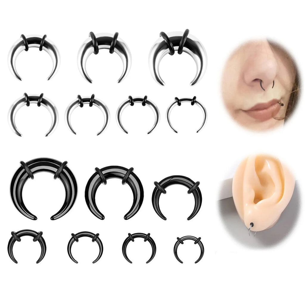 A black and steel coloured C-shaped geometric nose ring made from titanium steel and buffalo horn.