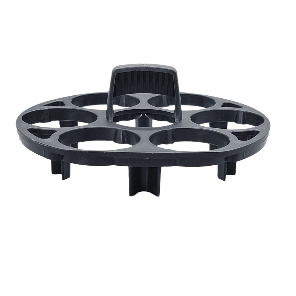 Black plastic egg cooking basket with modern design, shown with dimensions 13.8cm by 12.6cm by 5.7cm.