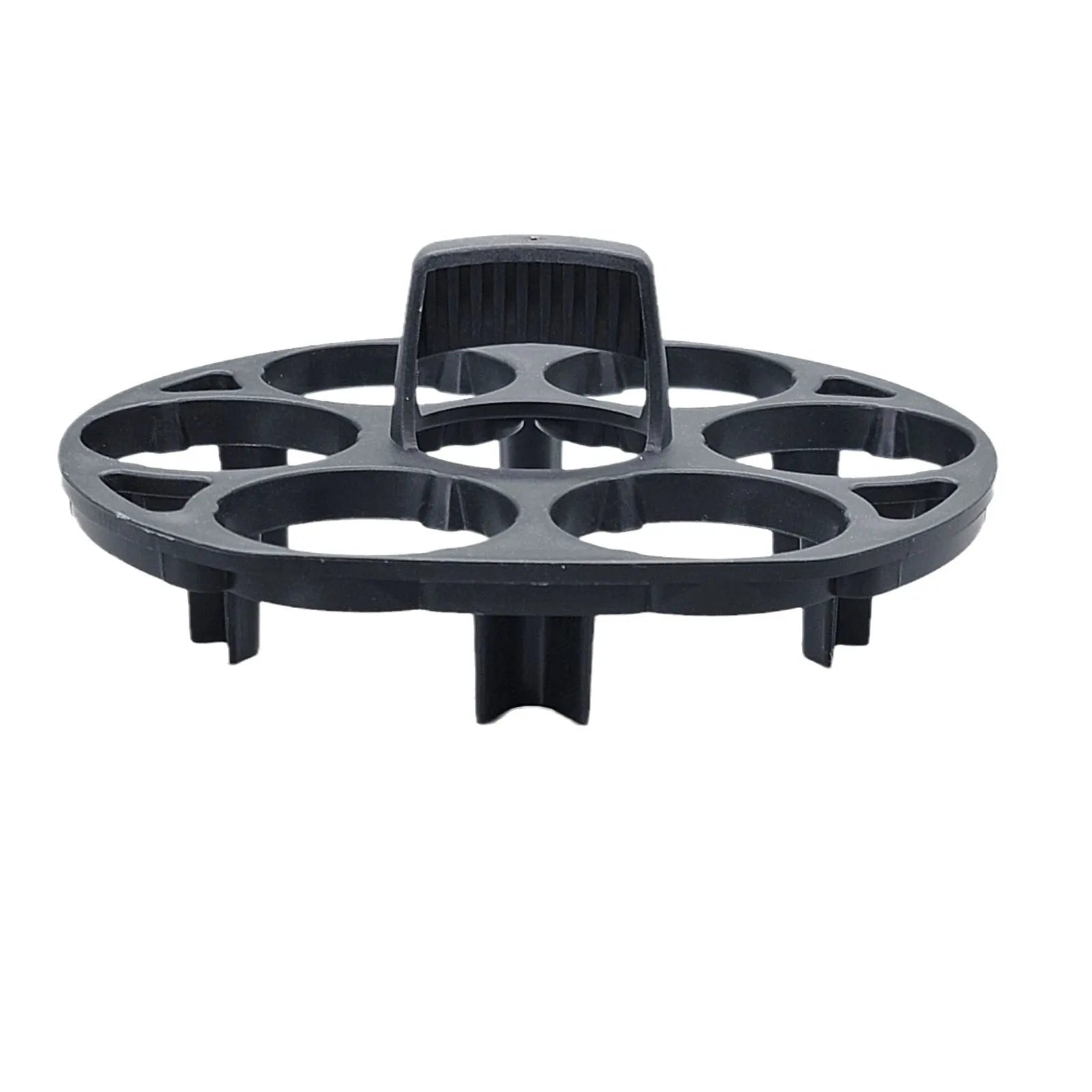 Black plastic egg cooking basket with modern design, shown with dimensions 13.8cm by 12.6cm by 5.7cm.