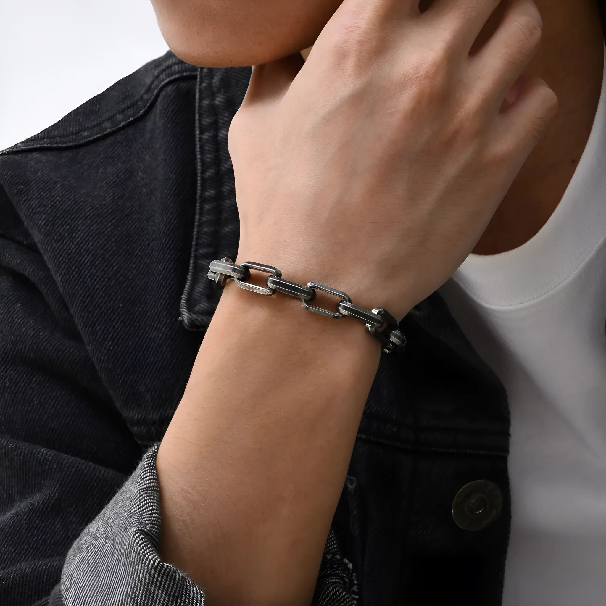 Men's titanium steel square chain bracelet in black, gold, retro, or steel colour options
