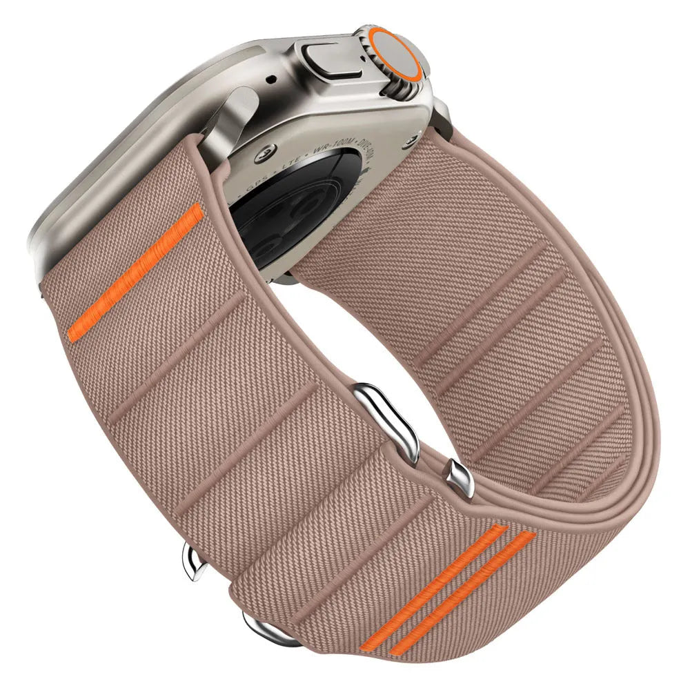 Elastic nylon Apple Watch band with stainless steel buckle shown in Army Green colour.