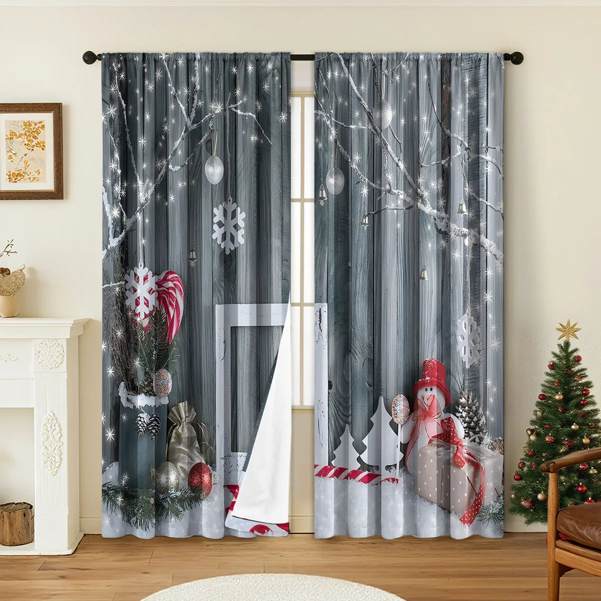 Pair of 3D digital printed Christmas curtains in polyester with European festive patterns hanging at window