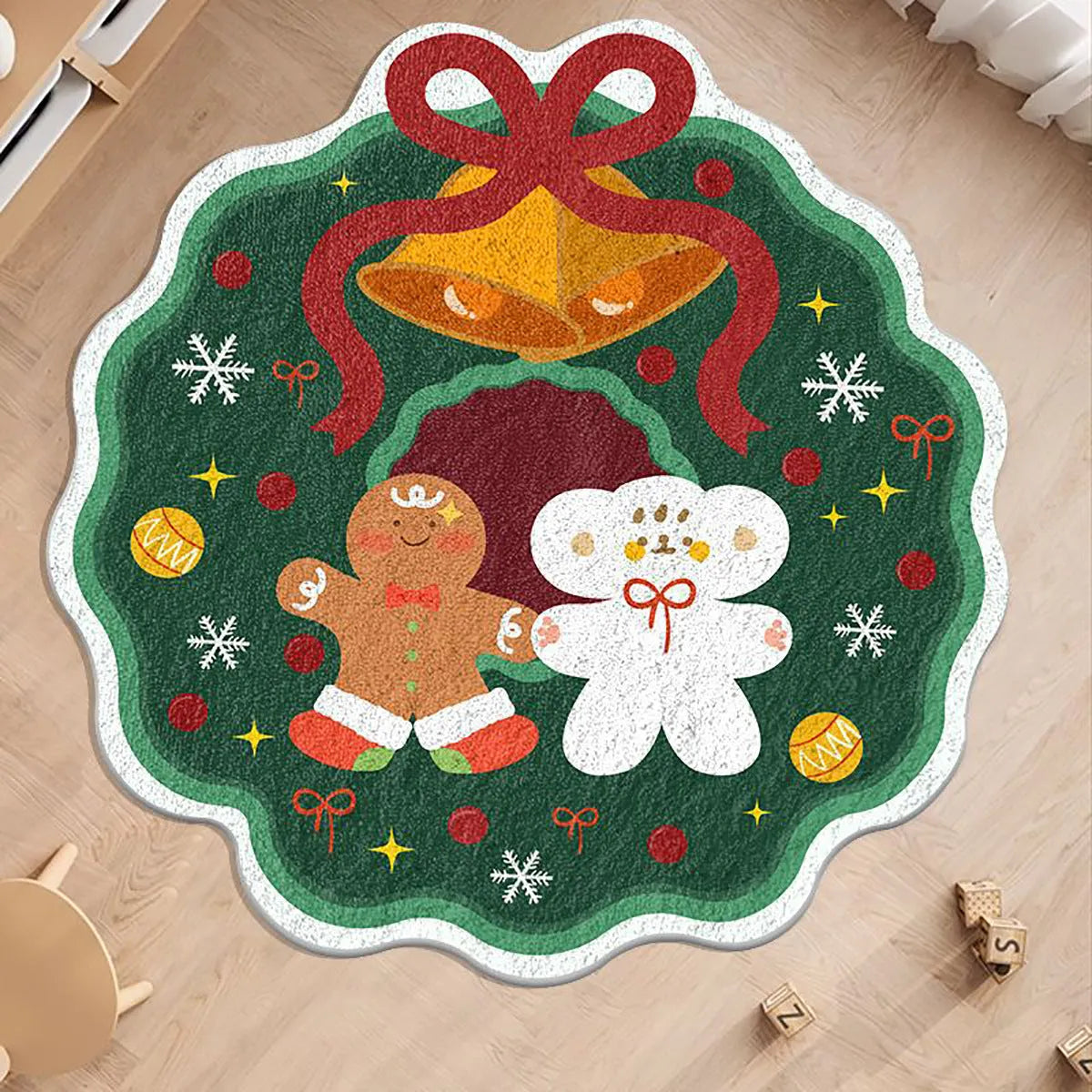 Round alien-shaped Christmas carpet in imitation cashmere, showing one of six festive colour designs.