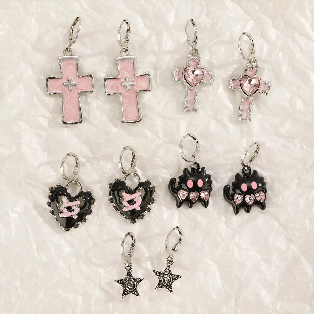 Women's alloy cross crystal earrings in five colour options with cross, heart, and character design elements
