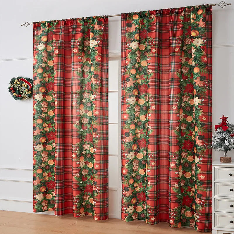 Printed polyester Christmas curtain with red plaid design showing semi-sunshade light filtering