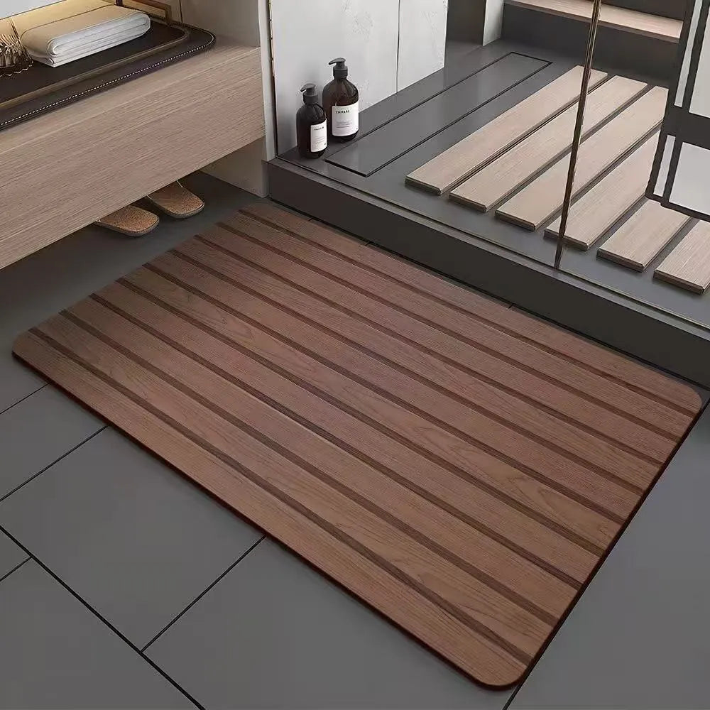 Square diatom ooze floor mat with wood grain pattern for non-slip bathroom use