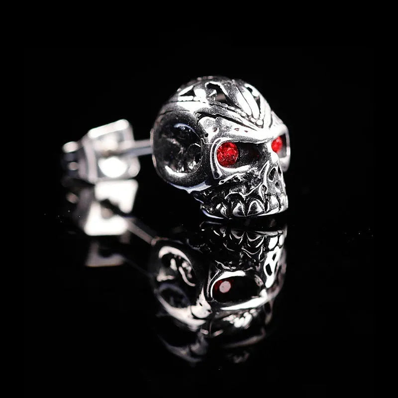 Red eye ghost skull stud earrings with alloy construction and electroplated finish