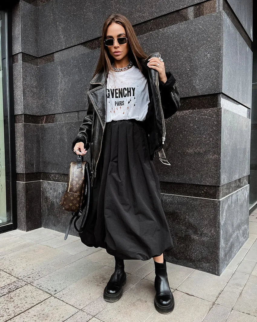 Women's long cotton skirt with elastic waistband in white or black solid colours