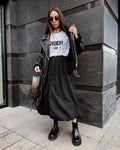 Women's long cotton skirt with elastic waistband in white or black solid colours