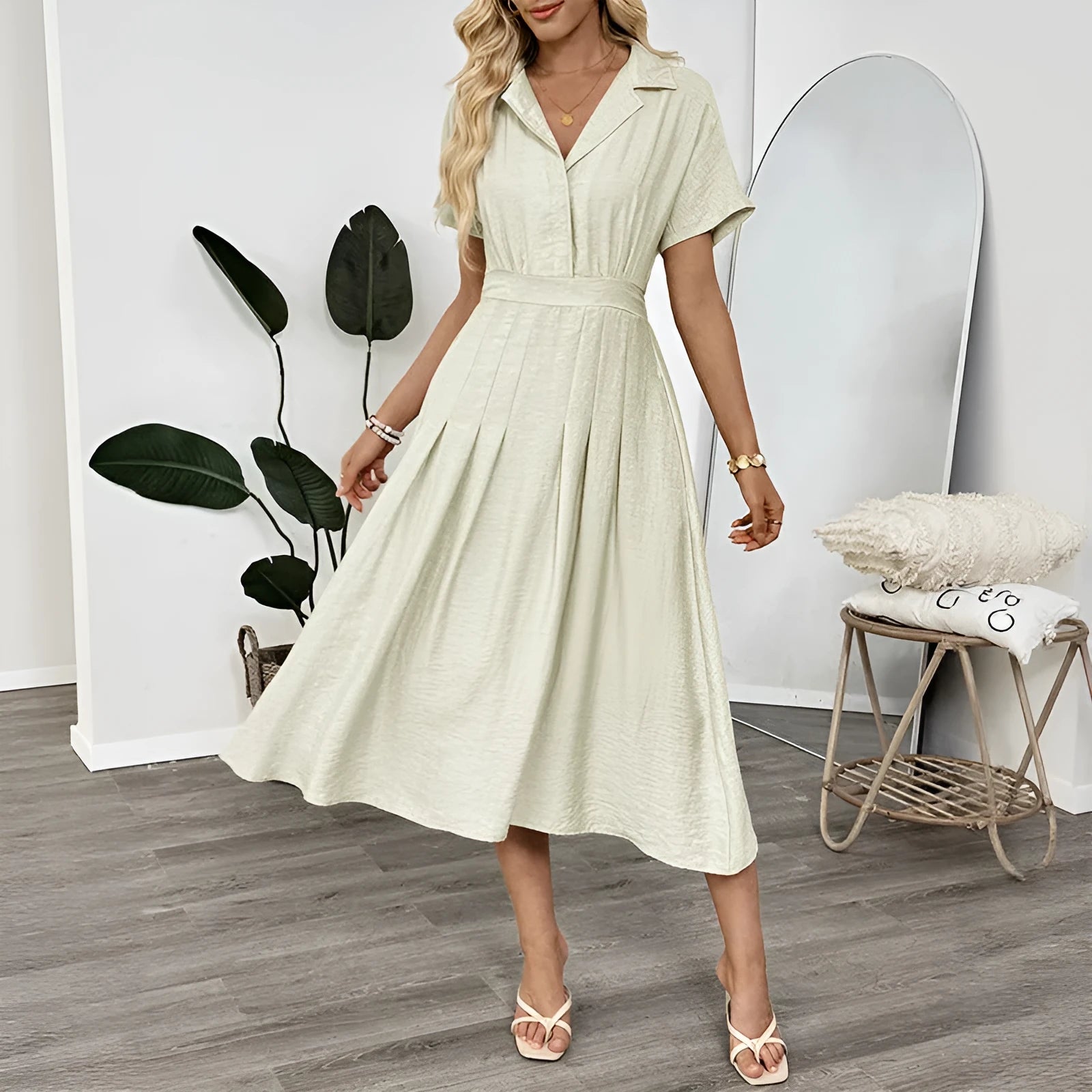 Light green women's shirt dress with lapel collar, waist tie, and side pockets on a model.