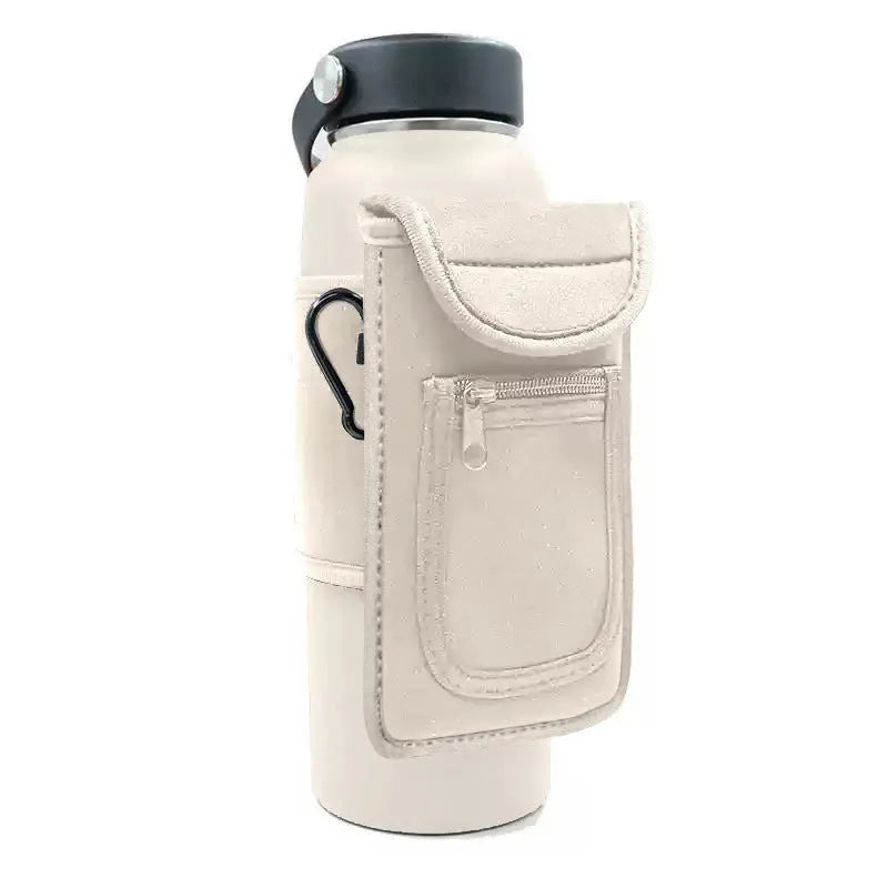 Cloth fitness cup sleeve for large bottles with magnetic or climbing carabiner fastening in various colours