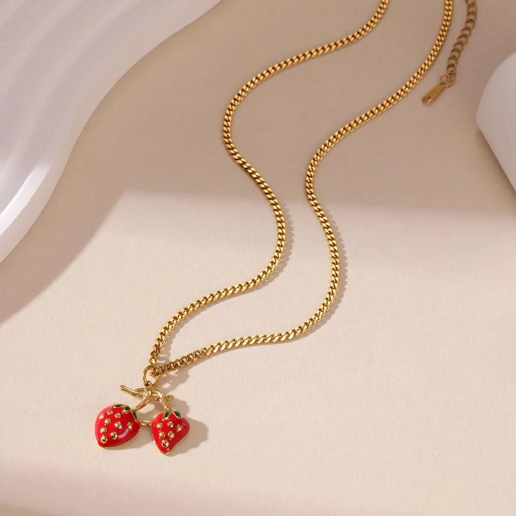 Stainless steel strawberry fruit necklace pendant in white gradient or red colour options