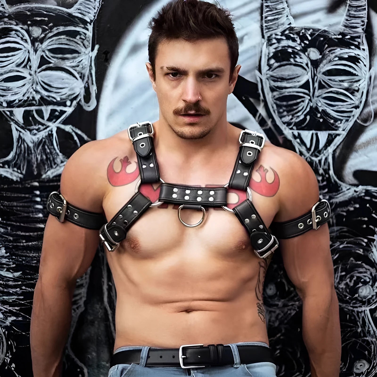 Black leather chest muscle bondage strap with silver metal buckles and rivets laid flat.