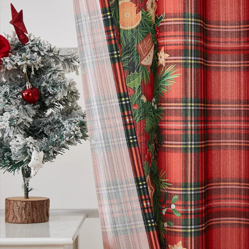 Printed polyester Christmas curtain with red plaid design showing semi-sunshade light filtering