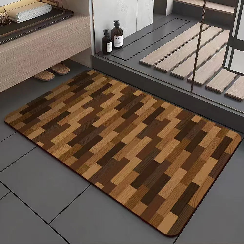 Square diatom ooze floor mat with wood grain pattern for non-slip bathroom use