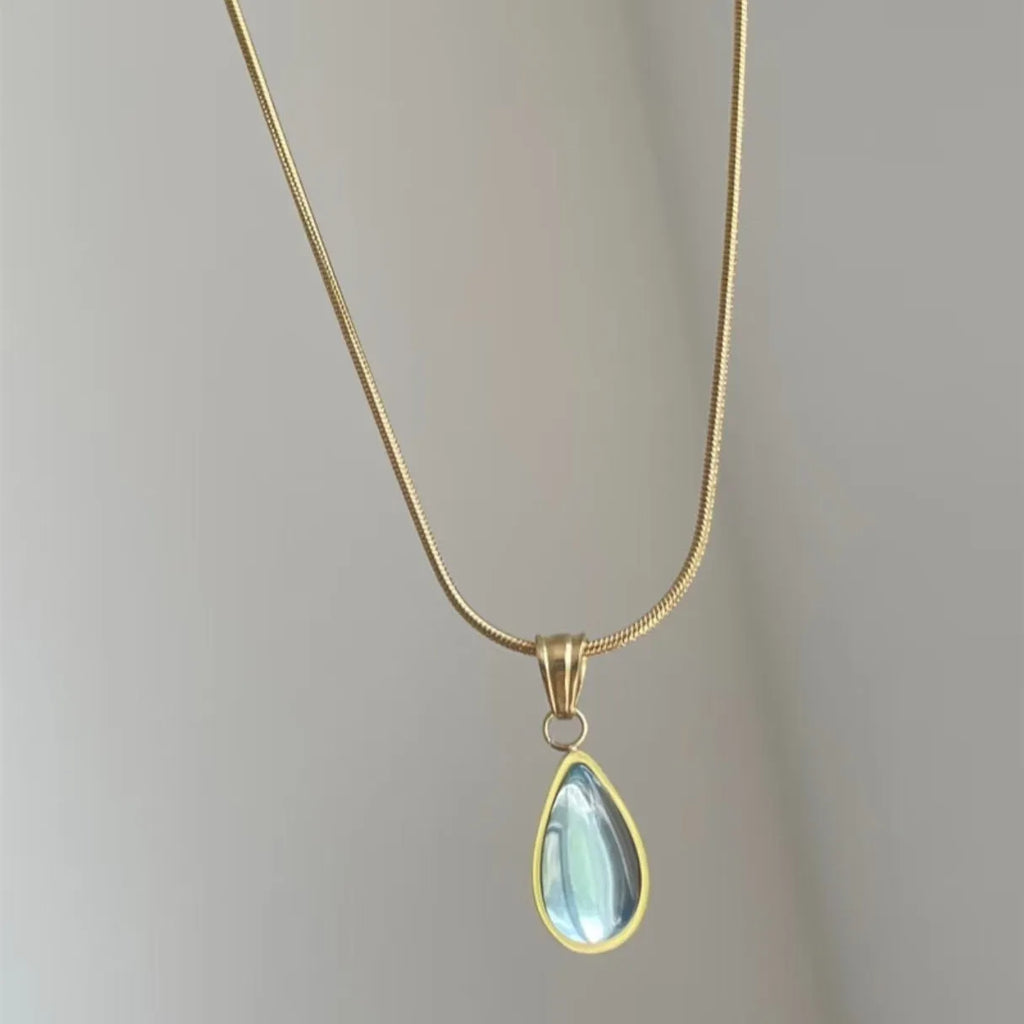 Retro water drop necklace with mixed gem pendant on snake bones chain in titanium steel