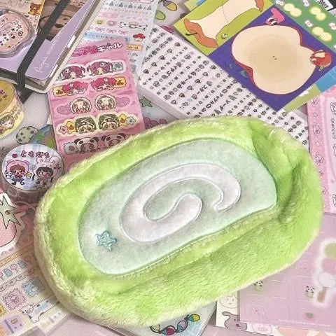 Honeydew Swiss roll cake design velvet pencil case in Korean style roll format