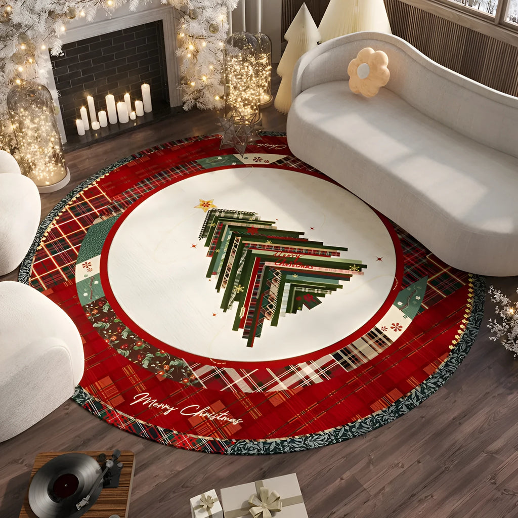 Round red Christmas festive carpet with non-slip backing on living room floor