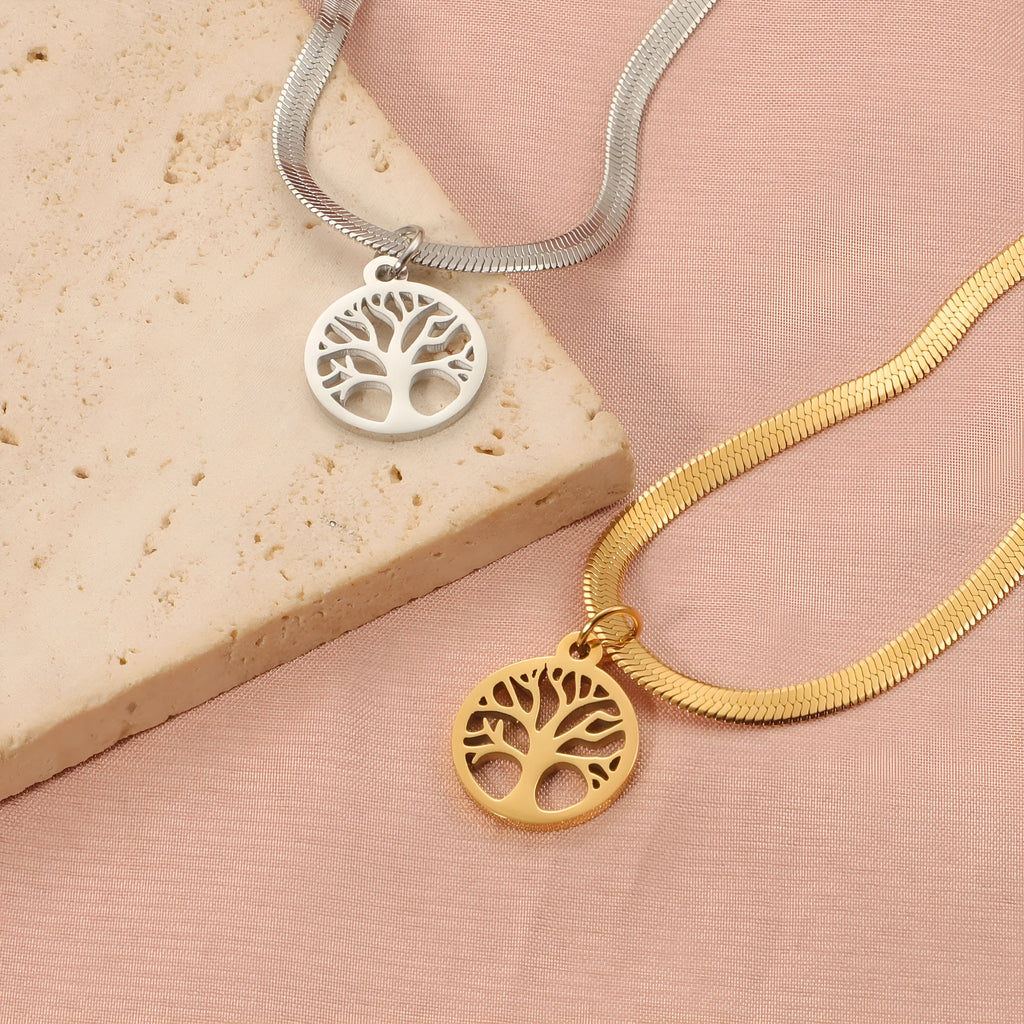 Stainless steel necklace with U-shaped tree pendant on adjustable snake bone chain in gold colour