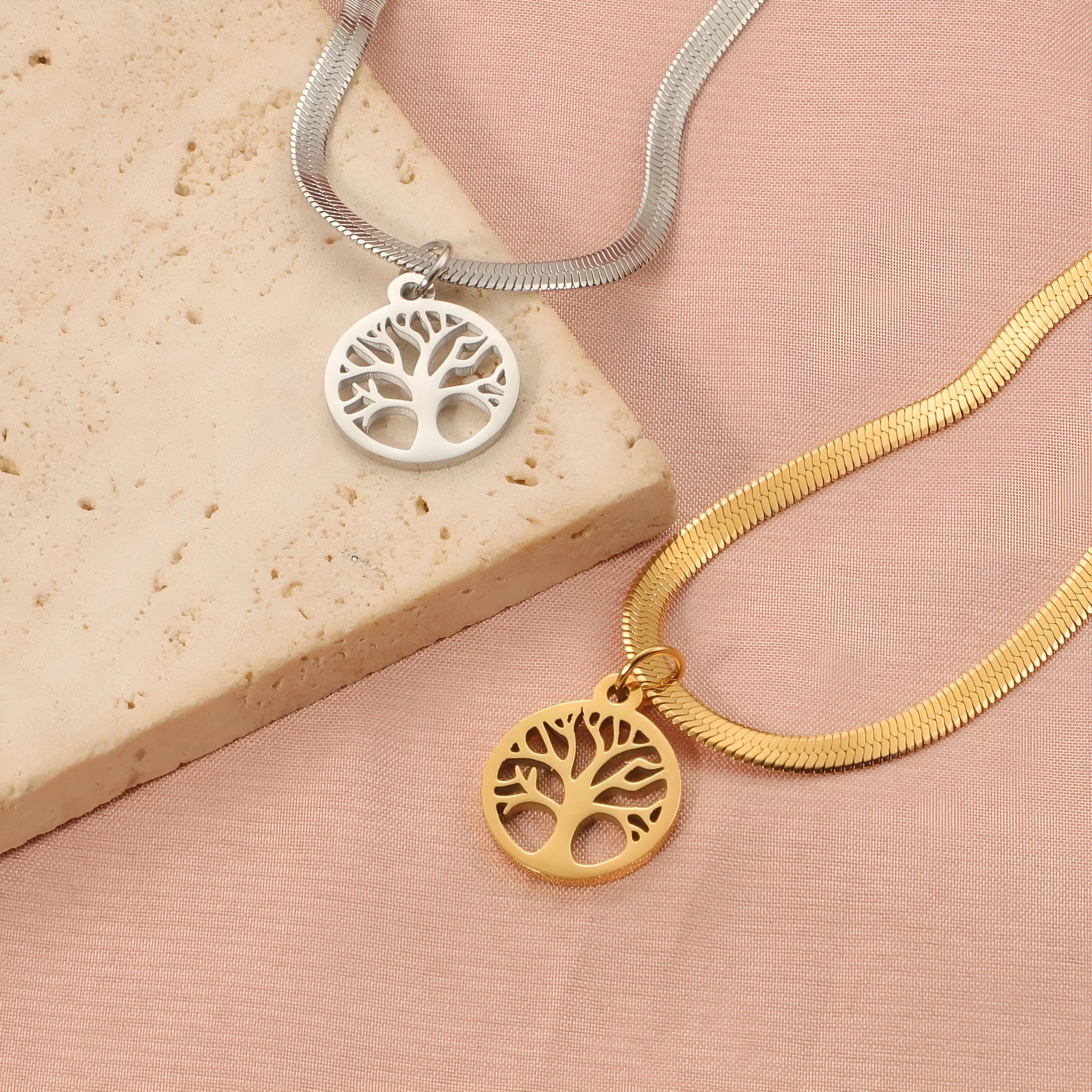 Stainless steel necklace with U-shaped tree pendant on adjustable snake bone chain in gold colour