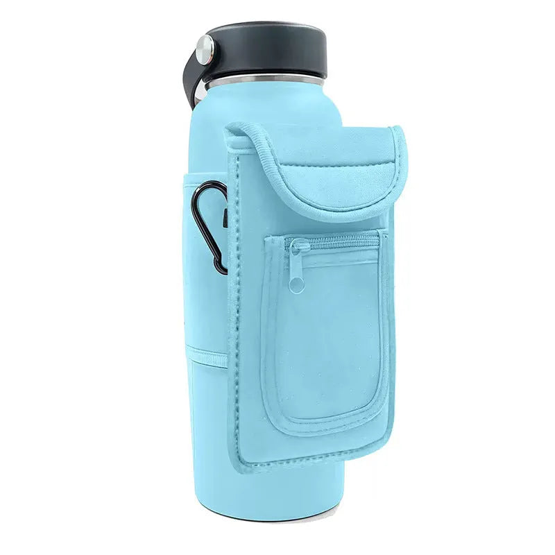 Cloth fitness cup sleeve for large bottles with magnetic or climbing carabiner fastening in various colours