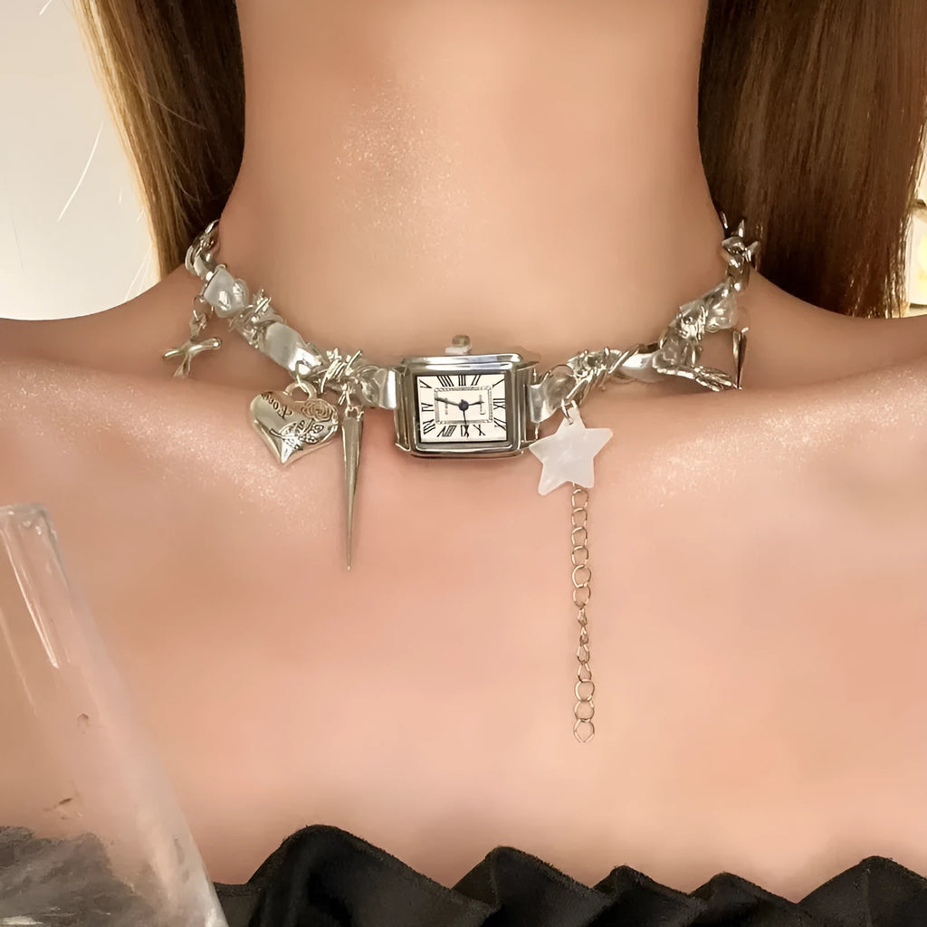 Dark style women's twin-layer necklace with cross pendant on adjustable 41cm–50cm alloy chain