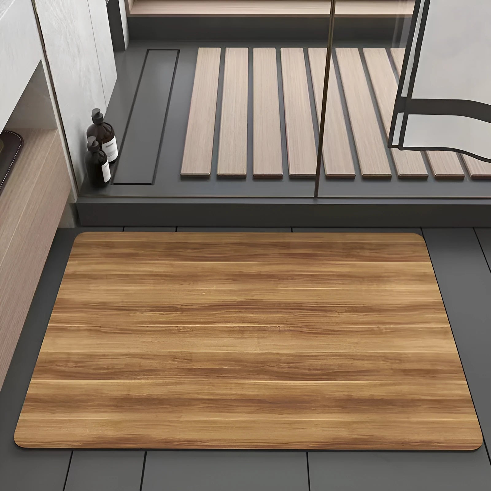 Square diatom ooze floor mat with wood grain pattern for non-slip bathroom use