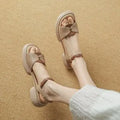 Women's beige chunky heel platform open toe sandals with renewable leather upper