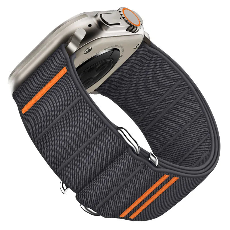 Elastic nylon Apple Watch band with stainless steel buckle shown in Army Green colour.