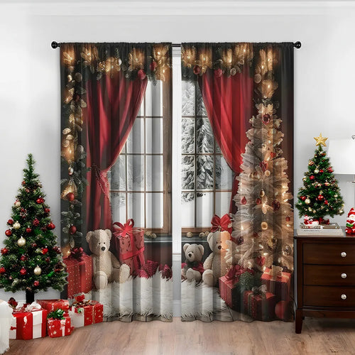 Pair of 3D digital printed Christmas curtains in polyester with European festive patterns hanging at window