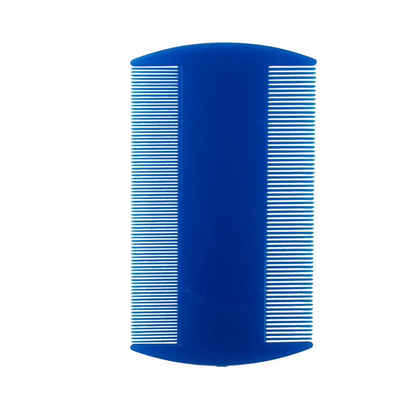Double-edged fine tooth plastic lice and flea comb in assorted colours, showing compact size