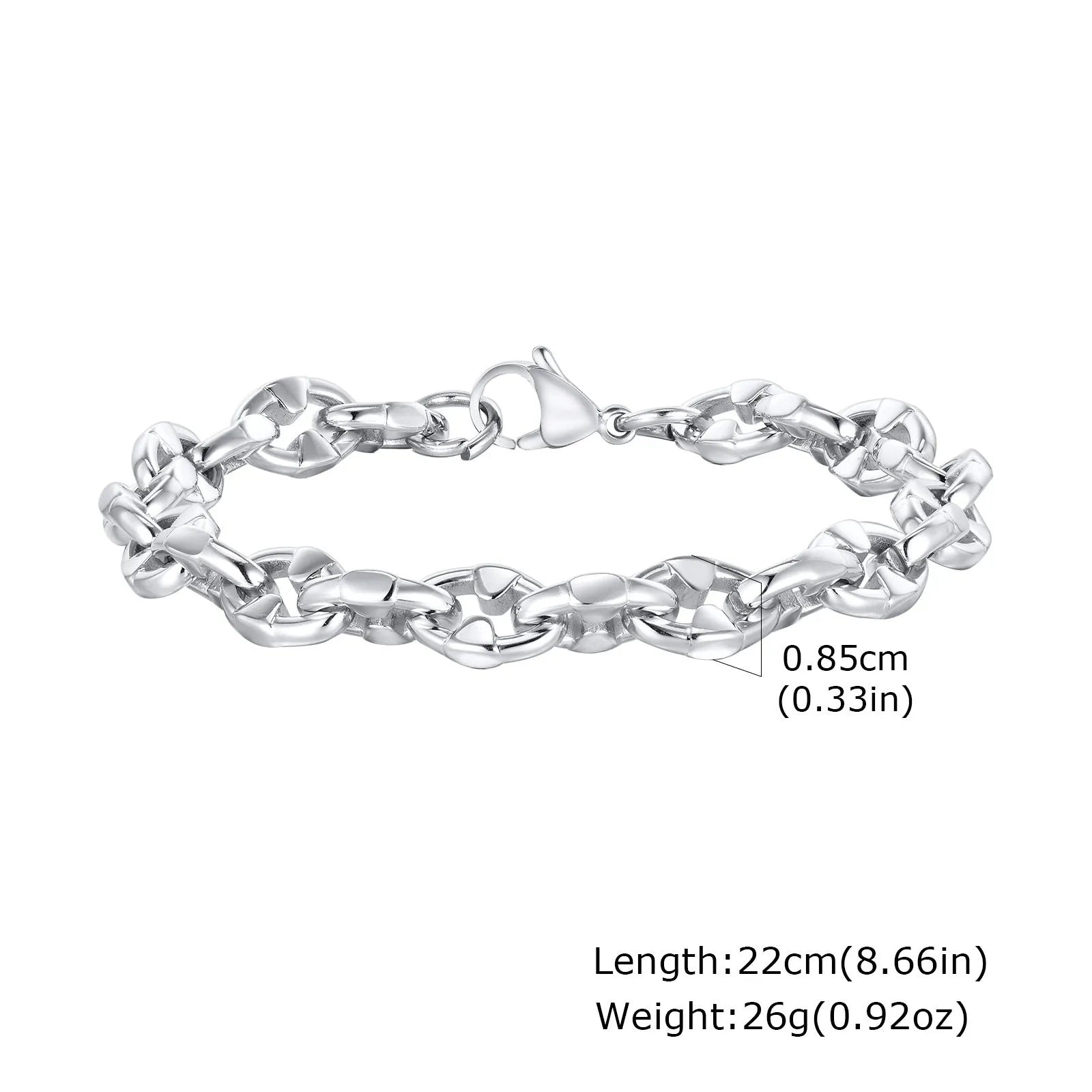 A thick geometric chain bracelet made from stainless steel in a steel colour, shown on a wrist.