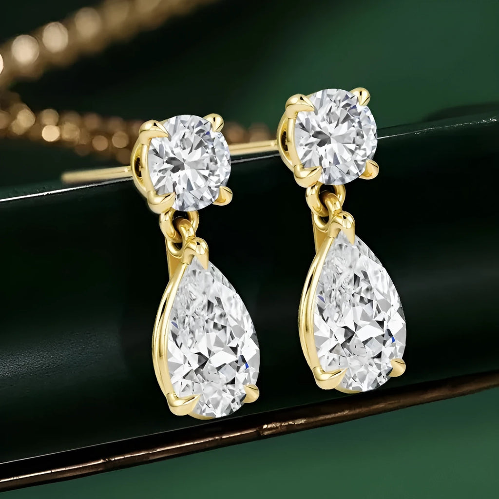 925 sterling silver water drop moissanite stud earrings with round and pear-shaped stones
