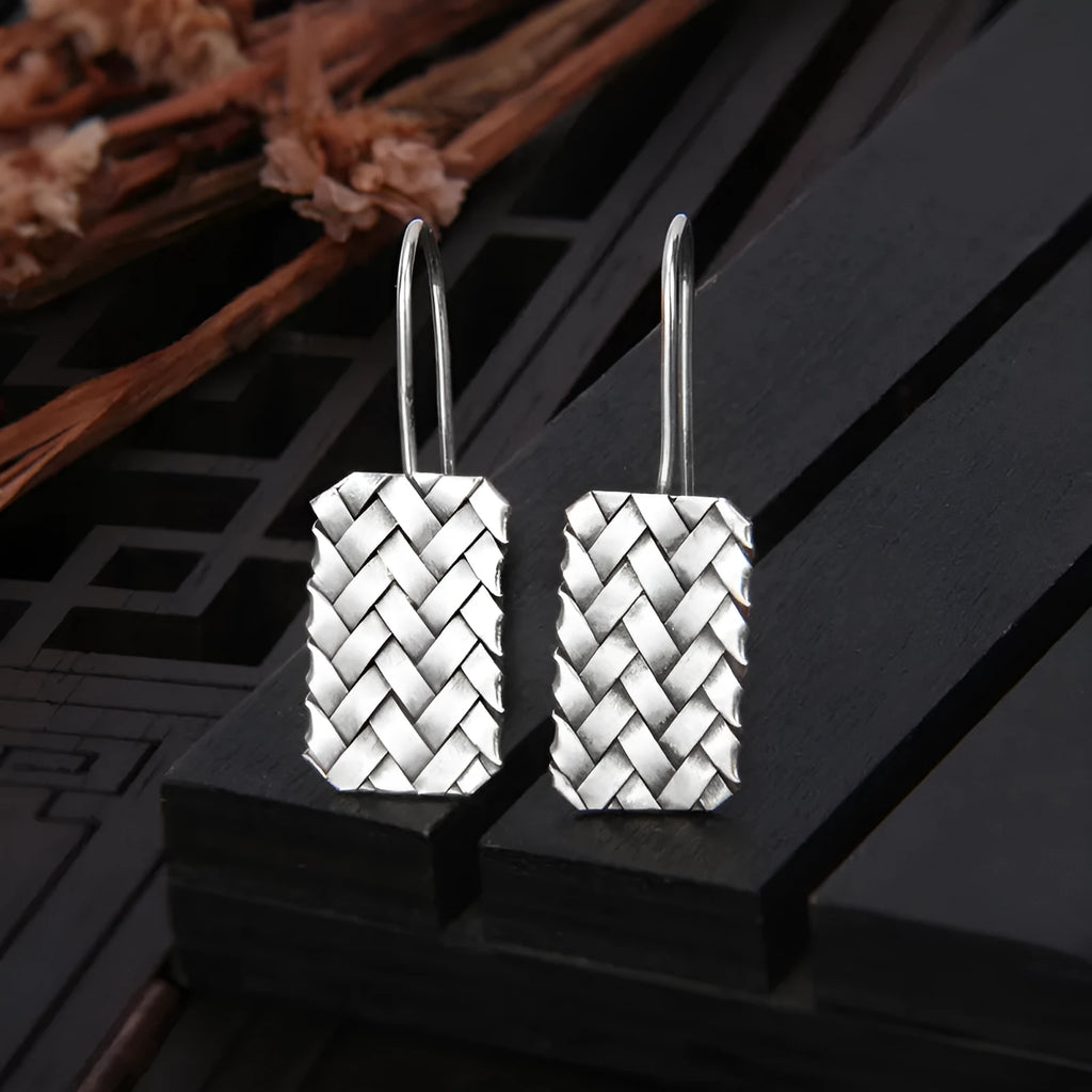 Silver geometric diamond earrings with woven plaid pattern, 17.5mm by 11mm