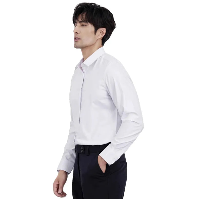 Wine red men's slim fit long sleeve casual shirt on a hanger.