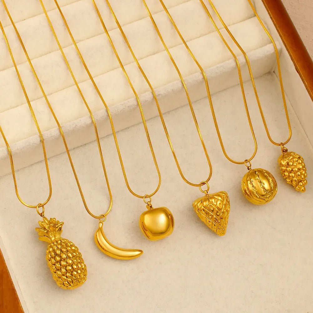 Stainless steel fruit necklace pendant showing six different fruit charms on alloy chain