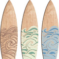 Three identical wooden surfboard-shaped wall decorations on a light background