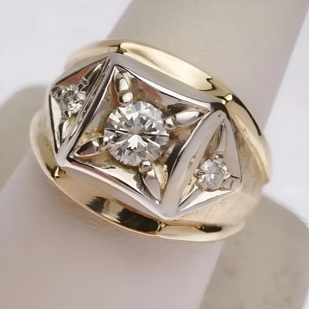 Gold geometric copper couple ring with hollow wide face design and chamfered square pattern.