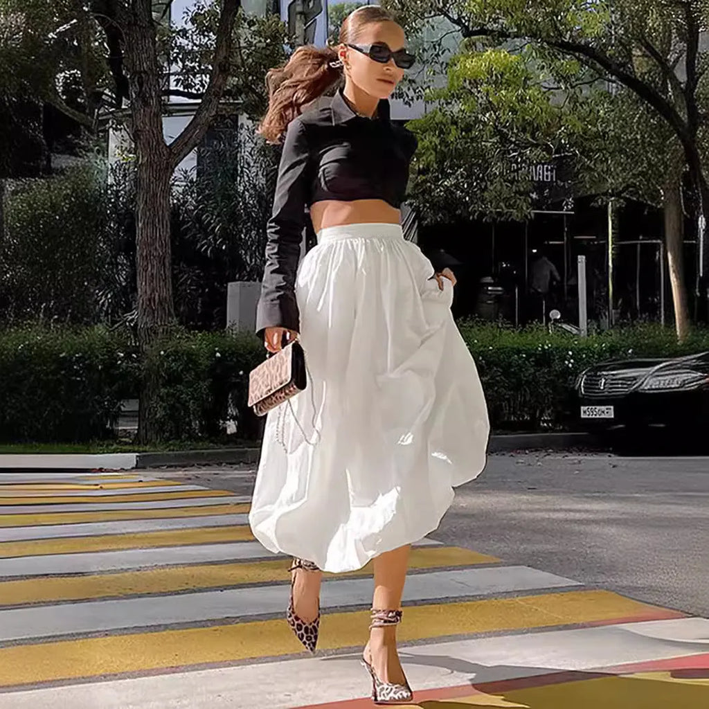 Women's long cotton skirt with elastic waistband in white or black solid colours