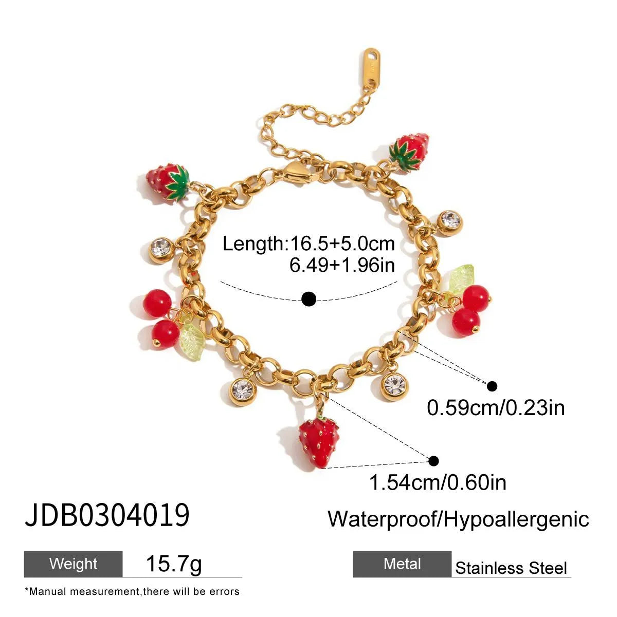 18K gold stainless steel love fruit chain bracelet with grape cherry lemon motifs for women