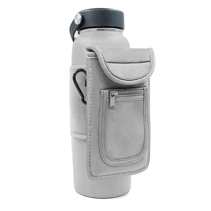 Cloth fitness cup sleeve for large bottles with magnetic or climbing carabiner fastening in various colours