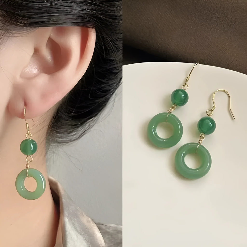 Green geometric peace buckle Chinese-style earrings made from zinc alloy with 14K gold purity plating