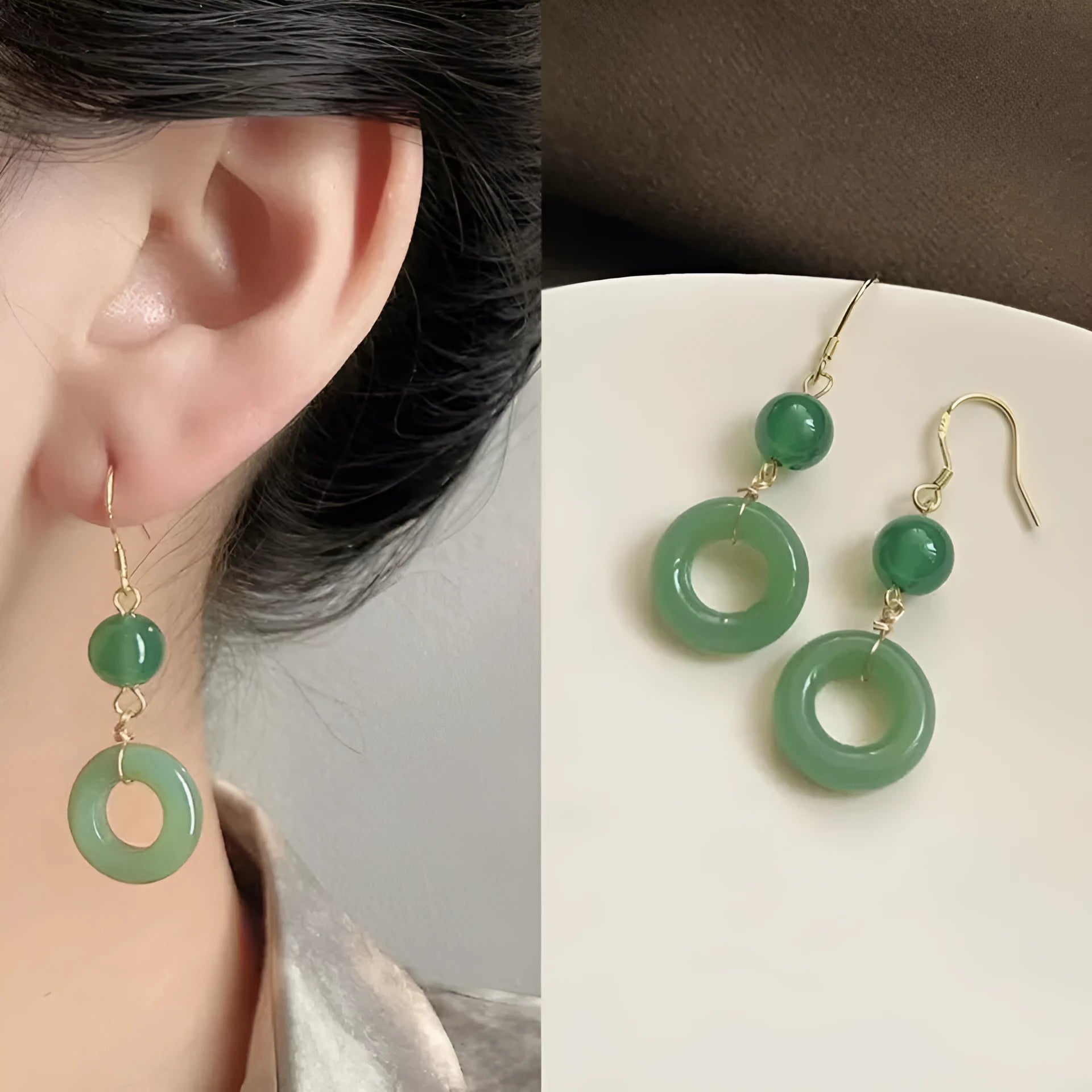 Green geometric peace buckle Chinese-style earrings made from zinc alloy with 14K gold purity plating